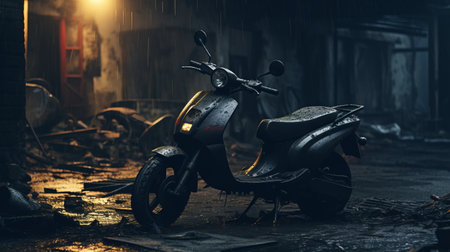 the motorcycle, exuding raw vulnerability, is parked in a dimly lit alley at night. the soggy surroundings add to the atmosphere, while the cinquecento style of the bike stands out. the burned and charred appearance adds a touch of intrigue, reminiscent of the artistic style of dimitry roulland. the depth of field and backlit photography techniques enhance the overall composition. ai generatedの素材