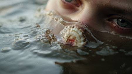 a boy submerged in water, his face pressed against the surface, captured through the lens of a macro lens. this surrealistic installation showcases snailcore aesthetics, with a soft and dreamy depiction. the close-up shot reveals intricate textural details, while also raising awareness about the environment. ai generatedの素材