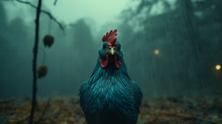 a rooster with a thick mane stands in the rain, portrayed in a captivating documentary photo style. rendered in cinema4d, the image showcases a combination of light cyan and dark blue tones. the use of the soft-focus technique adds an ethereal touch to the scene. this unique portrayal of a supernatural creature captures the essence of traditional vietnamese aesthetics. ai generatedの素材