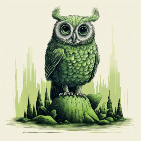 a green owl perched on a rock, depicted in a realistic landscape style with soft, tonal colors. this forestpunk-inspired illustration showcases detailed ink work and intricate cityscapes. the artwork also explores psychological phenomena, creating a captivating visual experience. ai generatedの素材