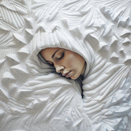 an abstract woman in white, wrapped in a white blanket, is depicted in this three-dimensional artwork. the style of the piece showcases realistic hyper-detailed portraits, intricately sculpted and folded planes, as well as detailed nature depictions. the vibrant colors and woodcarving-like textures add a unique touch to this conceptual photography. ai generatedの素材