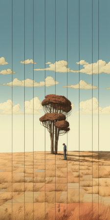 a man sits in an open field next to a tree, surrounded by a surreal architectural landscape. the scene resembles three-dimensional puzzles and contrasts of scale, reminiscent of italian landscapes. the composition has elements of editorial illustrations, with symmetrical balance and narrative paneling. ai generatedの素材