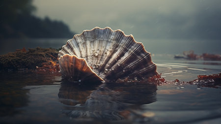 sea shells scattered in the water, raindrops gently falling, creating a surreal and dreamlike atmosphere. this backlit photograph captures the beauty of nature, with photorealistic wildlife art and texture-rich landscapes. inspired by nature and reminiscent of storybook illustrations, this image showcases the unreal engine 5's ability to create stunning visuals. ai generatedの素材