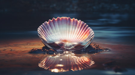 a shell underwater glistens with the reflection of sunlight, showcasing a mesmerizing blend of dark amber and pink hues. this photo captures photo-realistic landscapes with alchemical symbolism, presented in stunning 8k resolution. created by the talented artist jess meneses del barco, the shell is beautifully highlighted by rim light, adding a touch of light silver and red tones to the composition. ai generatedの素材