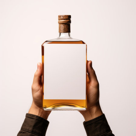 a man holds a bottle of whiskey with a blank plastic label in this stock photo. the image is isolated on a white background and features distinct framing. the style is reminiscent of snapshot aesthetics, with dark white and amber tones. the photo also showcases anime-influenced elements, minimalist backgrounds, sharpness, and hidden details. ai generatedの素材
