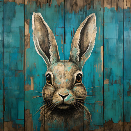 a rustic textured painting of a blue rabbit, created in the style of optical illusion paintings and wood sculptor techniques. the artwork showcases a 32k uhd resolution, with a color palette dominated by dark beige and turquoise. this mural painting combines elements of environmental portraiture, resulting in a captivating and unique piece of art. ai generatedの素材