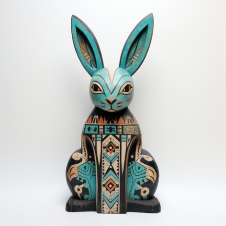 southwestern rabbit wood carving featuring dark cyan and dark beige colors. the carving showcases intricate geometric shapes and patterns, with bold light cyan and light black accents. the piece highlights the artist's skill in creating multi-layered figures, reminiscent of mexican muralism. the focus is on the joints and connections, adding depth and character to the artwork. ai generatedの素材