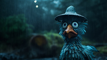 a quirky cartoonish bird, wearing a rain hat, walks through the rainy woods in this zbrush-style artwork by mikko lagerstedt. the character, made of trash, showcases a strong facial expression, while the close-up view highlights the intricate details of its indigenous culture-inspired design. ai generatedの素材