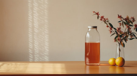 a vase filled with vibrant lemons and another vase containing liquid, showcasing a captivating anime aesthetic. the photograph, captured using fujifilm provia, beautifully portrays the interplay of light and shadow. with its realistic depiction and japanese photography style, this image showcases a transparent-translucent medium and employs selective focus to create a visually stunning composition. ai generatedの素材