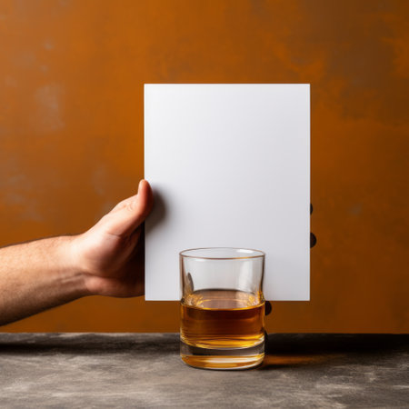 a man holding a blank piece of paper and an alcoholic cocktail, showcasing strong use of negative space and visually tactile surfaces. the image is inspired by advertisement aesthetics, with a dark orange and amber color scheme. the composition employs forced perspective and precisionist techniques, offering a critique of consumer culture. ai generatedの素材