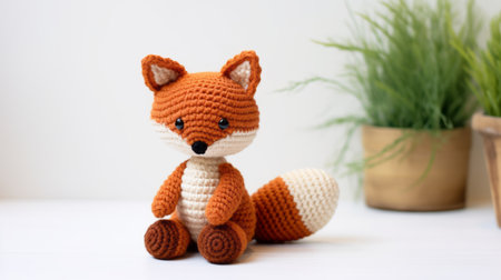 a handmade crochet fox amigurumi pattern featuring realistic detailing. the fox is crafted in dark orange and beige colors, with a soft-focus technique adding a touch of charm. the dark white and light bronze accents create bold color blocks, while delicate embroidery art enhances its overall appeal. perfect for those who appreciate the unique and whimsical snailcore aesthetic. ai generatedの素材
