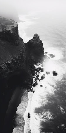 a black and white photograph captures the surreal organic forms of fog enveloping the sea and cliffs. taken from a birds-eye-view perspective using a ricoh gr iii camera, the image exudes sculptural depth. it evokes iconic rock and roll imagery with meditative color contrasts, reminiscent of the captivating work of elsa bleda. ai generatedの素材