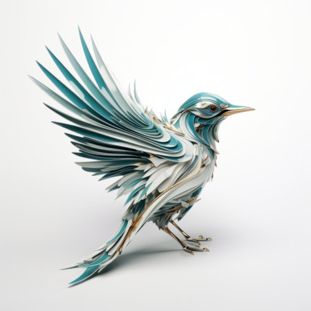 the paper bird, with its artful floating motion, showcases a stunning blend of light gold and dark cyan hues. created using zbrush, this masterpiece boasts multilayered dimensions that captivate the eye. inspired by the works of mark brooks and dusan djukaric, the design incorporates elements of light azure and emerald, as well as intricate mechanical details. ai generatedの素材