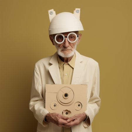 old man sitting in front of a book, holding a cardboard box. whimsical cyborgs, social media portraiture, sculptural costumes, and instax film influence this photo. the color palette is predominantly white and beige, with bauhaus-inspired designs. this image captures the essence of grandparentcore. ai generatedの素材