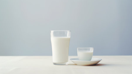 two glasses of milk sit on a table, accompanied by a plate in the background. the minimalist style of the image showcases a combination of light indigo and light gray hues. this precisionist composition, reminiscent of the works of yasushi nirasawa, captures subtle chromatism and exudes a soft ambiance. the photo beautifully depicts a glimpse of rural life. ai generatedの素材