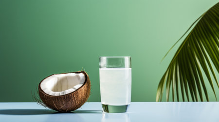 a glass of refreshing coconut water sits on a table alongside a vibrant palm leaf. this minimalist composition showcases bold chromaticity and embodies the styles of kimoicore, carcore, yankeecore, softly organic, and environmental awareness. ai generatedの素材