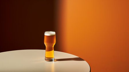 glass of beer with silhouette and orange background, featuring minimal retouching and bold chromaticity. the visually tactile surfaces create an intriguing aesthetic, reimagined by the expertise of industrial light and magic. captured through tabletop photography, this image showcases precise craftsmanship and the unique character of agfa apx film. ai generatedの素材