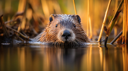 a beaver's head emerges from the water, surrounded by tall grass. this stunning photograph, captured in the style of ultraviolet photography, showcases the beaver in sharp focus. with its golden light and naturalistic pose, this national geographic contest-winning image is a true masterpiece. shot in 8k resolution, it beautifully captures the essence of the beaver in its natural habitat. ai generatedの素材