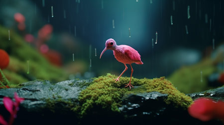 the photo captures the unique character design of a flamingo bird, with its fluttering pink flowers, in the rain. rendered in cinema4d, the image showcases the miniature diorama style of michael shainblum. the flamingo's wandering eye adds to its characterized appearance, while the contrasting colors of light crimson and dark azure create a visually striking composition. ai generatedの素材