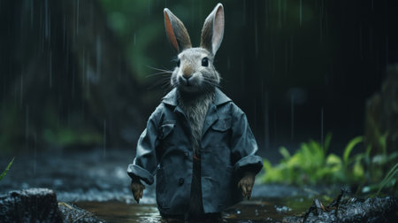 a rabbit wearing a raincoat stands in the rain, depicted in hyper-realistic sci-fi style. the image showcases atmospheric woodland scenery in gray and blue tones. the rabbit's stylish costume design adds to the darkly comedic vibe. this 8k resolution photograph captures a wimmelbilder-like scene, immersing viewers in a visually captivating experience. ai generatedの素材