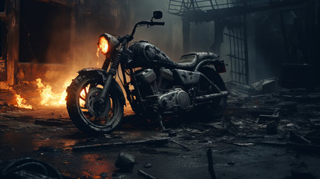 a distressed and weathered motorcycle sits out of control amidst burning buildings. this photo, created in the style of vray, showcases industrial horror with its harsh lighting and photo-realistic techniques. the image captures the essence of industrial and technological subjects, with rusty debris adding to the overall atmosphere. ai generatedの素材