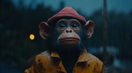 a sad and disinterested monkey wearing sunglasses and a red raincoat is depicted in this photo. the image is created in the style of vray tracing and unreal engine 5, showcasing inclement weather in a junglepunk setting. the use of daz3d and night photography techniques adds to the overall atmosphere, while a soft-focus technique enhances the visual appeal. ai generatedの素材