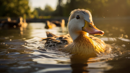 several yellow ducks gracefully swim on a serene lake during a breathtaking sunset. these characterful animal portraits, captured in soft-focus style, showcase the beauty of nature. rendered in unreal engine, the contrasting light and shadow create a mesmerizing visual effect. the photos feature a delightful combination of light teal and light brown hues, emphasizing the contrast and adding depth to the images. ai generatedの素材