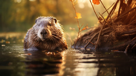 a beaver wading in a river, captured in a photorealistic rendering with a soft focus effect. this stunning national geographic-style photo showcases the beaver's natural habitat, while the cranberrycore and vray tracing techniques enhance the visual appeal. ai generatedの素材
