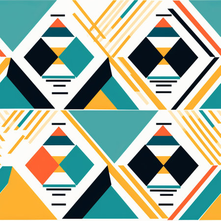 an abstract geometric pattern featuring yellow, black, and orange designs. the dark teal and light white color scheme adds a stylish touch to the simple yet colorful illustrations. the pattern incorporates stripes and shapes with mesoamerican influences, resulting in an angular and symmetric composition. the multi-panel layout enhances the overall visual appeal. ai generatedの素材