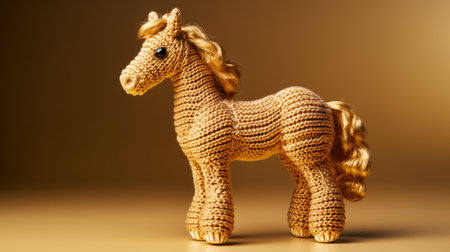 a small horse toy crocheted out of yarn, featuring delicate gold detailing, digitally enhanced for a large-scale effect. this american iconography piece showcases highly detailed figures crafted from natural materials, creating a visually stimulating wave of creativity. ai generatedの素材