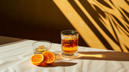 a table adorned with citrus peel and cups of tea, showcasing a captivating juxtaposition of light and shadow. this japanese-inspired photograph captures the essence of absinthe culture and the frayed beauty of the y2k aesthetic. the warm tones of light amber and orange create a mesmerizing visual experience, evoking a sense of tranquility and elegance. ai generatedの素材