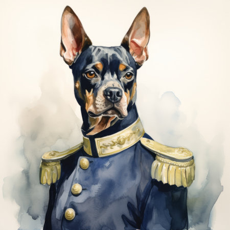 a watercolor painting of a doberman in a standing posture, inspired by military and naval scenes. the artwork features a unique blend of multiple filter effects, reminiscent of baroque portraiture. the color palette consists of dark blue and bronze tones, creating a captivating contrast. the close-up shots highlight the intricate details of the doberman's costume, while the use of zbrush adds depth and dimension toの素材