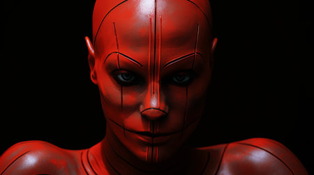 a red woman with blue eyes and a blue beard is depicted in this hyper-realistic sci-fi style photograph. the interplay of lines and photorealistic detail create a captivating image reminiscent of dogon art. the light red and black colors of the detailed costumes further enhance the visual impact. this stunning photograph was captured using a ricoh r1 camera. ai generatedの素材