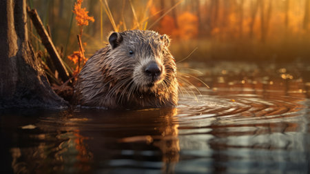 a beaver stands in the middle of autumn water, showcasing vray tracing, epic portraiture, and photo-realistic techniques. the golden light enhances the inventive character designs, while the detailed flora and fauna add to the overall beauty of this stunning scene. ai generatedの素材