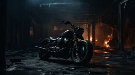 the burning garage creates a gothic and dark atmosphere, contrasting with the motorcycle in the foreground. this photo showcases the use of vray tracing and high-key lighting to enhance the urban culture exploration. inspired by dino valls, the image captures the raw metallicity and raw materials, resulting in a moody and captivating composition. ai generatedの素材
