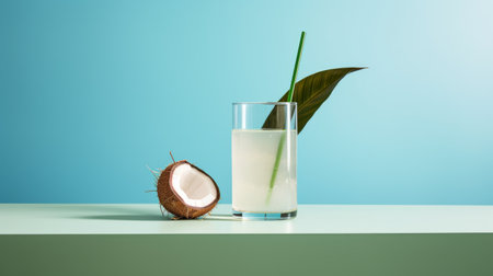 coconut water with lime served alongside fresh green branches, featuring minimal retouching. inspired by the styles of makoto shinkai, dan matutina, and scarlett hooft graafland, this image showcases a light blue color palette and meticulous still life composition. keywords: coconut water, lime, green branches, minimal retouching, makoto shinkai, dan matutina, scarlett hooft graafland, light blue, meticulous still lifes. ai generatedの素材