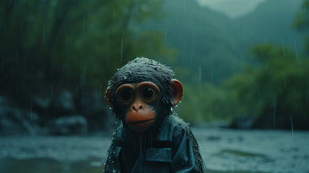 a monkey stands in the rain alongside people, with majestic waterfalls in the background. this realistic and emotive portrait, rendered in cinema4d, captures the essence of forestpunk. the close-up shot showcases the expressive character of the monkey, while the high-quality photo pays homage to the renowned artist chen zhen. ai generatedの素材