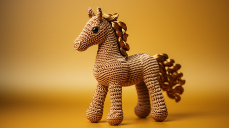brown toy horse on a black background, featuring intricate weaving in dark yellow and light azure colors. this unique artwork by petrina hicks showcases toy-like proportions, reminiscent of johnson tsang's knitted and crocheted creations. the horse is beautifully crafted in light beige and gold tones, creating a visually captivating and textured piece. ai generatedの素材