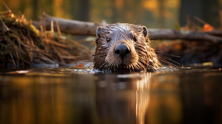 a beaver swimming in a serene river, surrounded by other animals, captured in the captivating style of backlit photography. the photograph showcases a strong facial expression on the beaver, enhanced by the use of vray tracing. inspired by the dusseldorf school of photography, this image is a stunning example of photobash techniques. ai generatedの素材