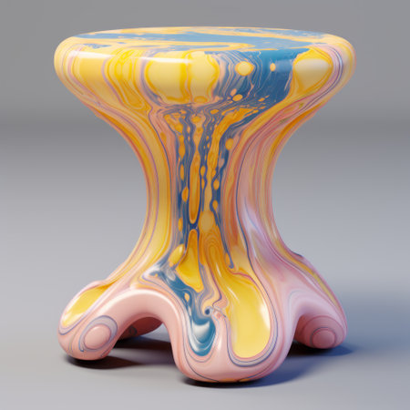 the stool features a vibrant poured design in blue and yellow, created using the vray tracing technique. its unique style incorporates light pink and orange hues, showcasing a hyperbolic expression. crafted with the poured paint technique, this porcelain stool showcases swirling vortexes. rendered in maya, it is a visually captivating piece. ai generatedの素材