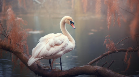 white swans with blue feathers gracefully perched on a tree branch, their reflection mirrored in the tranquil waters of a still lake. this ethereal scene captures the essence of hazy romanticism, reminiscent of the dusseldorf school of photography. the realistic landscape, painted with soft, tonal colors, showcases the beauty of nature through a wide-angle lens. leica r8 captures the exquisite details of these majestic animals.の素材