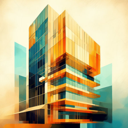a vibrant art drawing by anton fadeev showcasing a tall building complex in a captivating blend of brown and orange colors. this colorful geometry masterpiece features soft gradients of light amber and azure, creating a visually stunning composition. with its high resolution of 20 megapixels, this iconic work of design captures the essence of modern architecture. ai generatedの素材