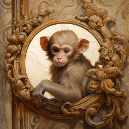 a monkey painting captured in a wooden frame, showcasing a realistic hyper-detailed rendering. this artwork embodies the essence of rococo realms with its muted tones and surrealistic elements. the monkey's presence in this hall of mirrors creates a rounded and chinapunk-inspired composition, while the sharp focus adds depth to the overall piece. ai generatedの素材