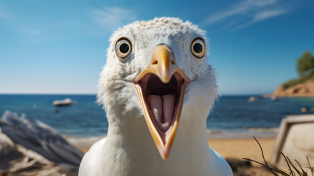 a gull, in the style of animated exuberance by john wilhelm, lies on its back on a beach. the close-up photo showcases dynamic and exaggerated facial expressions, rendered in unreal engine. the gull's exaggerated expressions bring a touch of humor and playfulness to the image, reminiscent of the style of allie brosh. ai generatedの素材