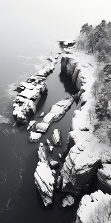a photo of winter landscapes in wiarton, ma, showcasing the juxtaposition of hard and soft lines. the terrain resembles that of northern china, with hyper-realistic water and naturalistic poses. the monochromatic imagery and jagged edges add to the photo's aesthetic, creating photo-realistic compositions. ai generatedの素材