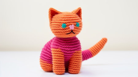 a small orange crochet cat is placed on a white table. the cat is designed with horizontal stripes in light magenta and magenta, giving it a vibrant appearance. its voluminous mass and playful expressions make it an adorable toyen. the cat also features accents of dark pink and dark green, adding a touch of contrast to its overall look. ai generatedの素材