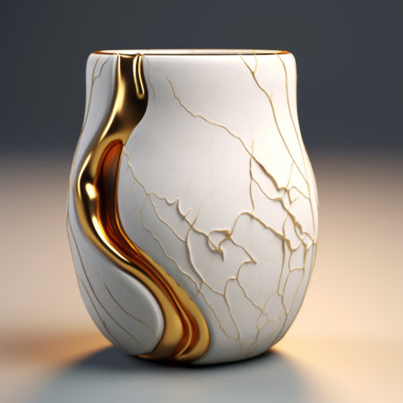a ceramic gold plate with cracks, showcasing vray tracing and flowing surrealism. the luminous brushwork and smooth lines create an eye-catching effect. the light white and orange hues add to the overall appeal of this uhd image. ai generatedの素材