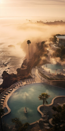 a hotel with a pool on top at sunrise over water, captured in the misty style of new american documentary photography. the image showcases the melting pots of dark white and light brown hues, while naturalistic ocean waves add a touch of serenity. this photograph beautifully captures the essence of the san francisco renaissance, all in stunning 32k uhd resolution. ai generatedの素材