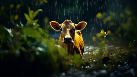 cattle under the rain - a captivating hd wallpaper featuring a hyper-realistic depiction of cattle in a dark yellow setting. the strong facial expression of the cattle adds to the dramatic lighting and the overall dreamy atmosphere. this petzval 85mm f22 style photograph showcases exotic flora and fauna, along with realistic still lifes and a mesmerizing portrayal of water. ai generatedの素材