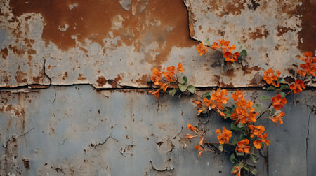 orange flowers bloom in abundance, encircling a weathered, rusted metal fence. this captivating image captures the essence of street art aesthetic, with a touch of plaster-like texture. the vibrant colors and intricate details make this uhd image a stunning addition to any collection. ai generatedの素材